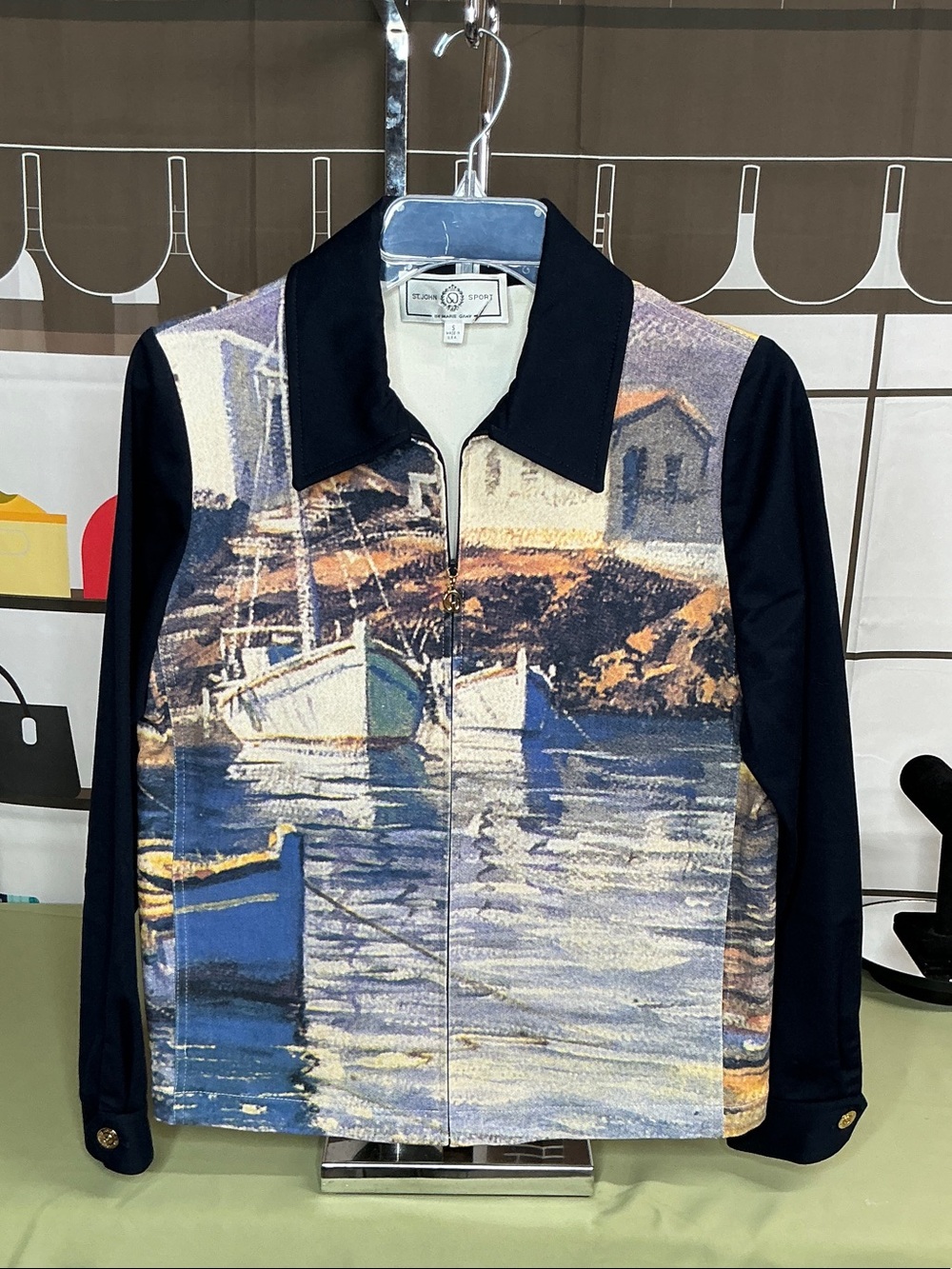 St John Sport Scenic Harbor Print Zip-Front Navy Jacket Sz small #2343